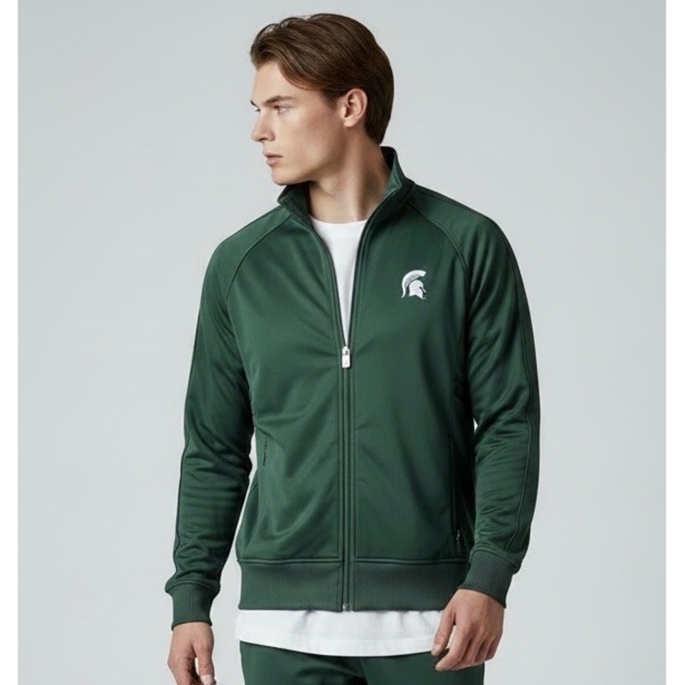 MICHIGAN STATE SPARTANS Track Jacket Green Full Zip Mens Med MSU Tape/Zip Detail